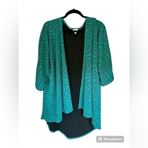 LuLaRoe Women’s Size Large Teal Geometric Mid Length Jacket Open Cardigan